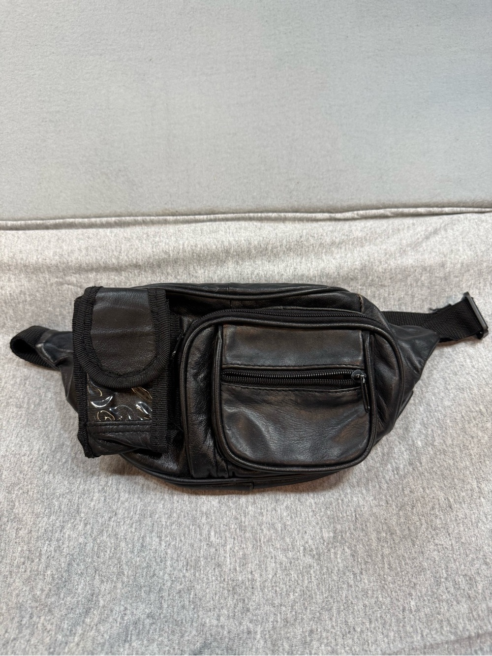 Vintage 90’s Men's Black Leather Belt Bag with Front Zip Pockets